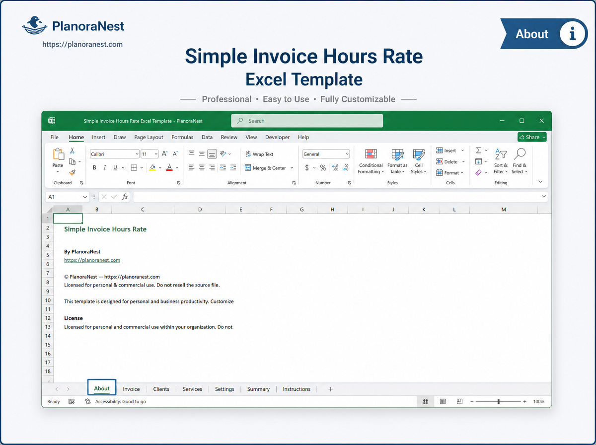 simple invoice hours rate excel template — Invoice sheet