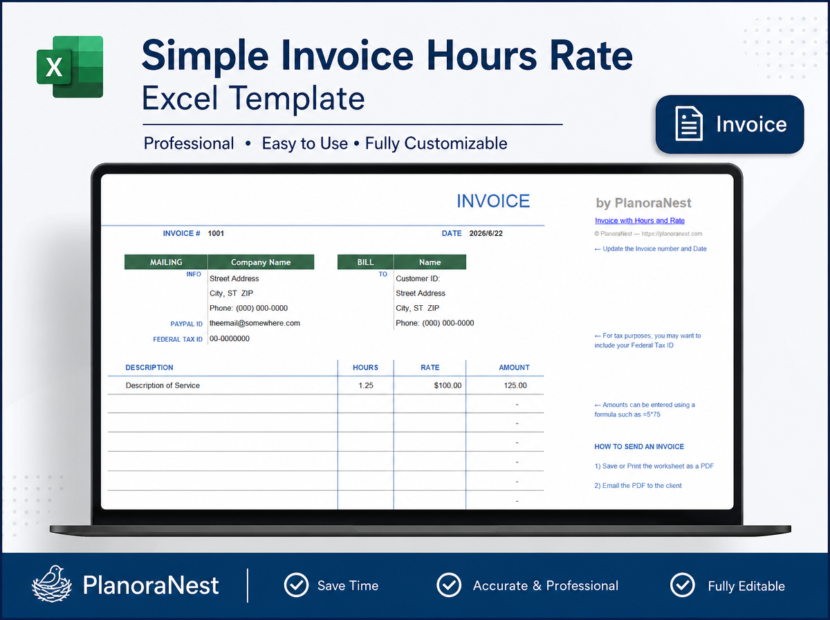 simple invoice hours rate excel screenshot — PlanoraNest Excel template