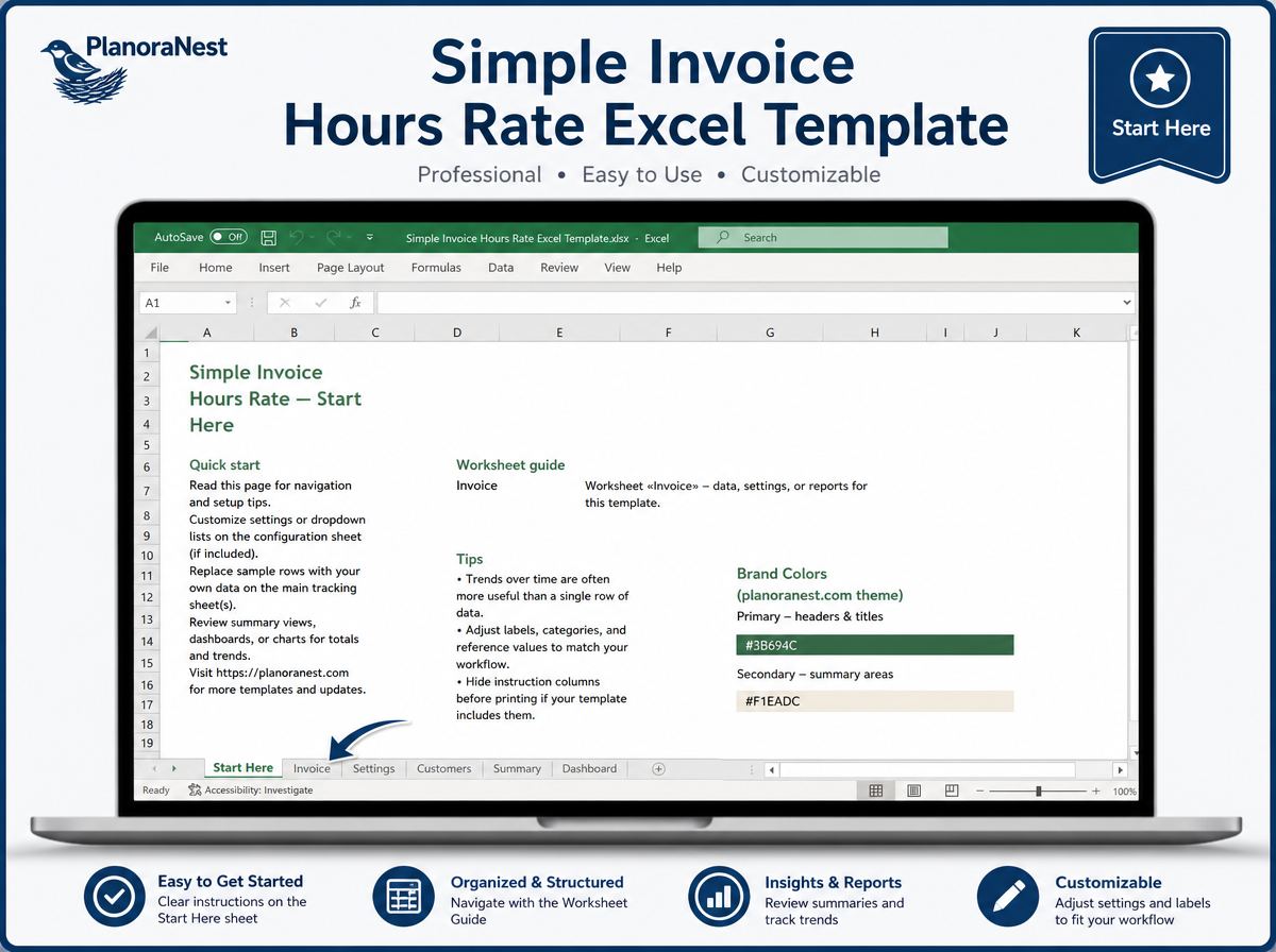simple invoice hours rate excel template — Start Here sheet
