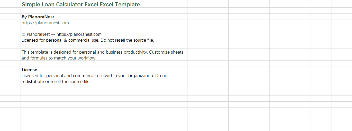 excel simple loan calculator excel template screenshot — PlanoraNest Excel template
