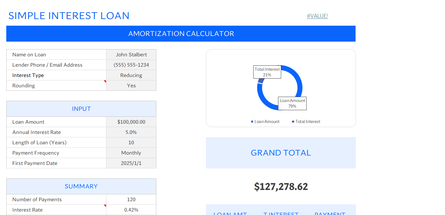 simple loan calculator excel excel screenshot — PlanoraNest Excel template