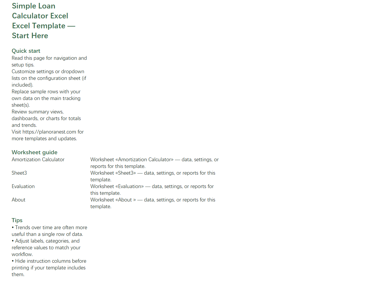 simple loan calculator excel excel start here screenshot — PlanoraNest Excel template