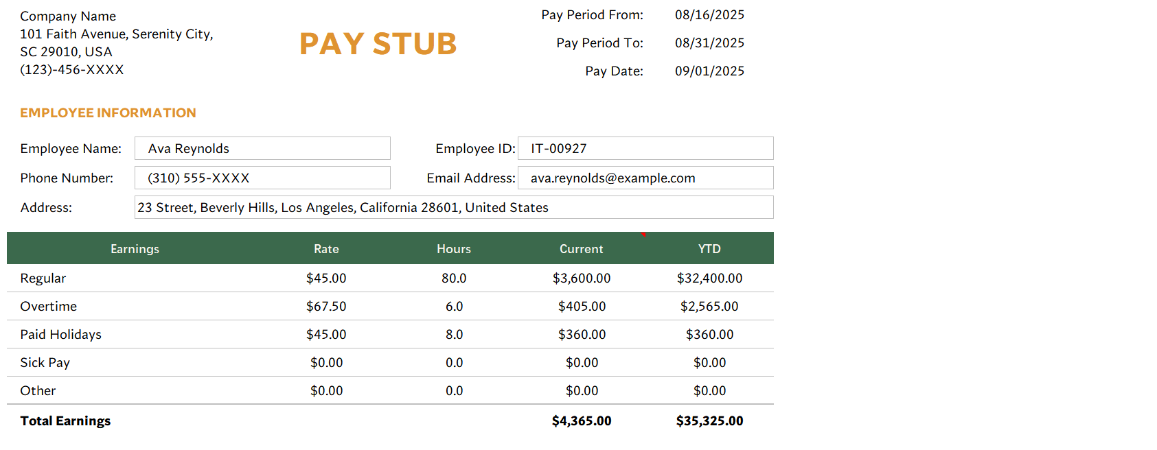 excel simple pay stub template – excel template screenshot — PlanoraNest Excel template