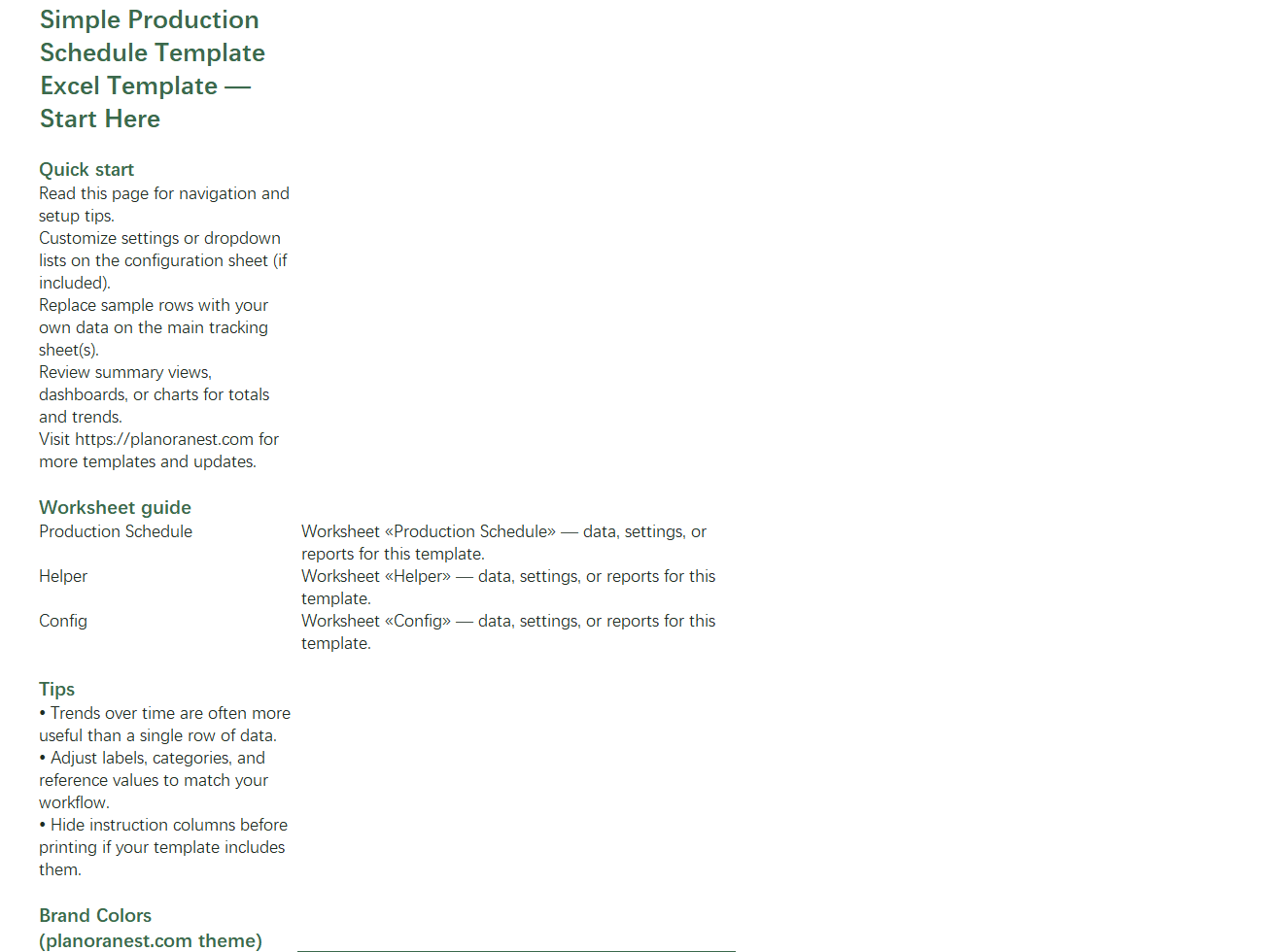 excel simple production schedule template template start here screenshot — PlanoraNest Excel template