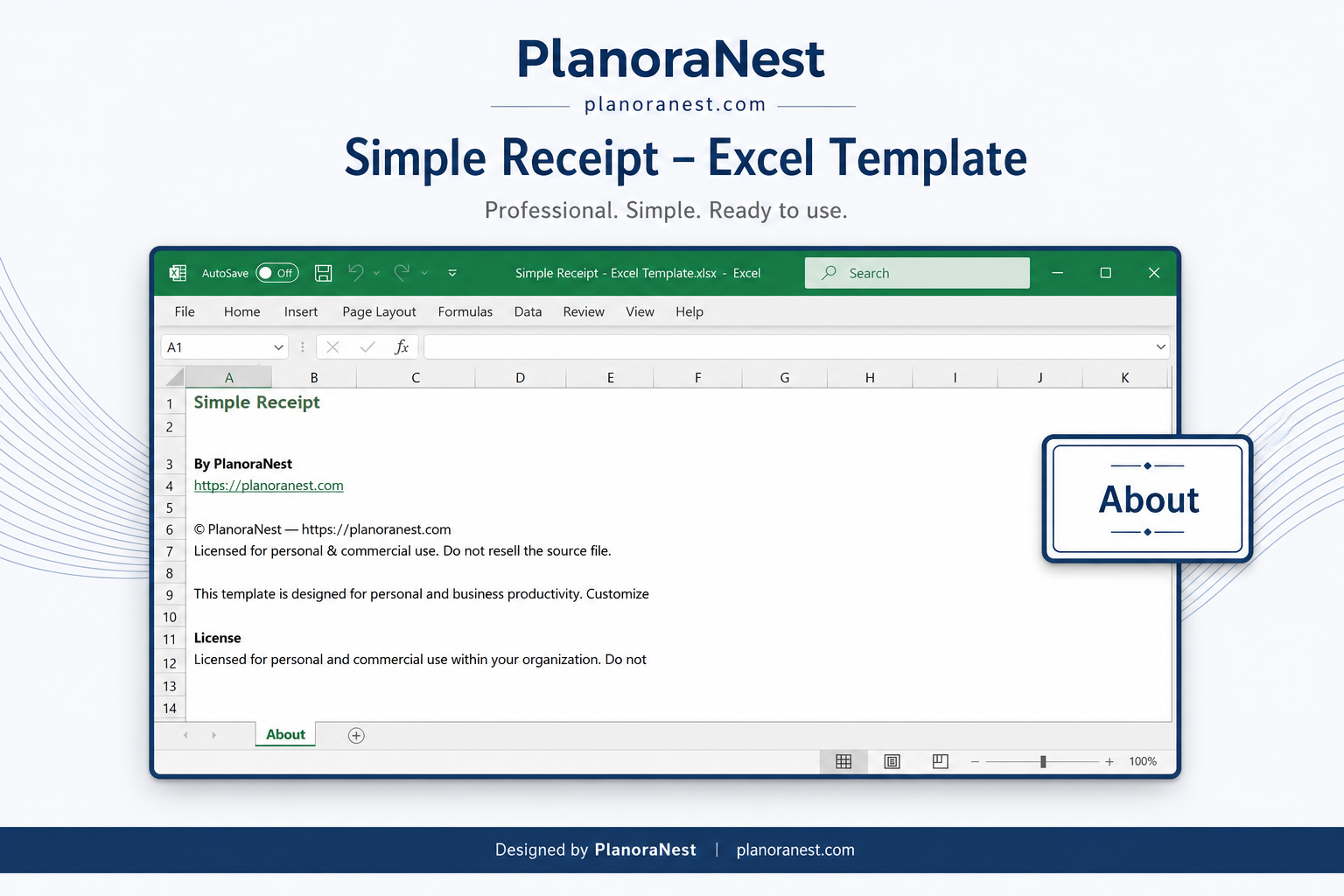 simple receipt template excel download — About sheet