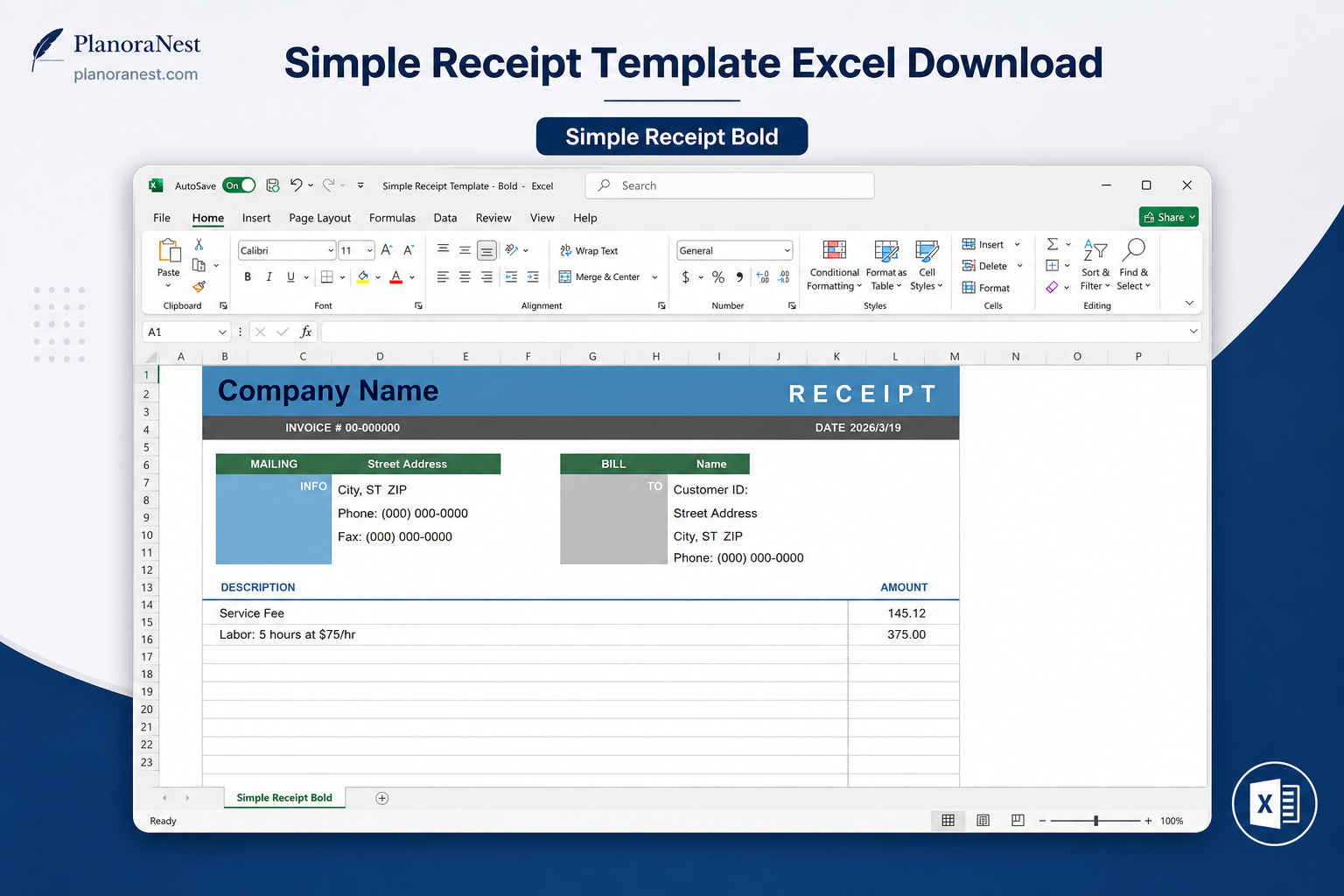 simple receipt template excel download — Simple Receipt (bold) sheet
