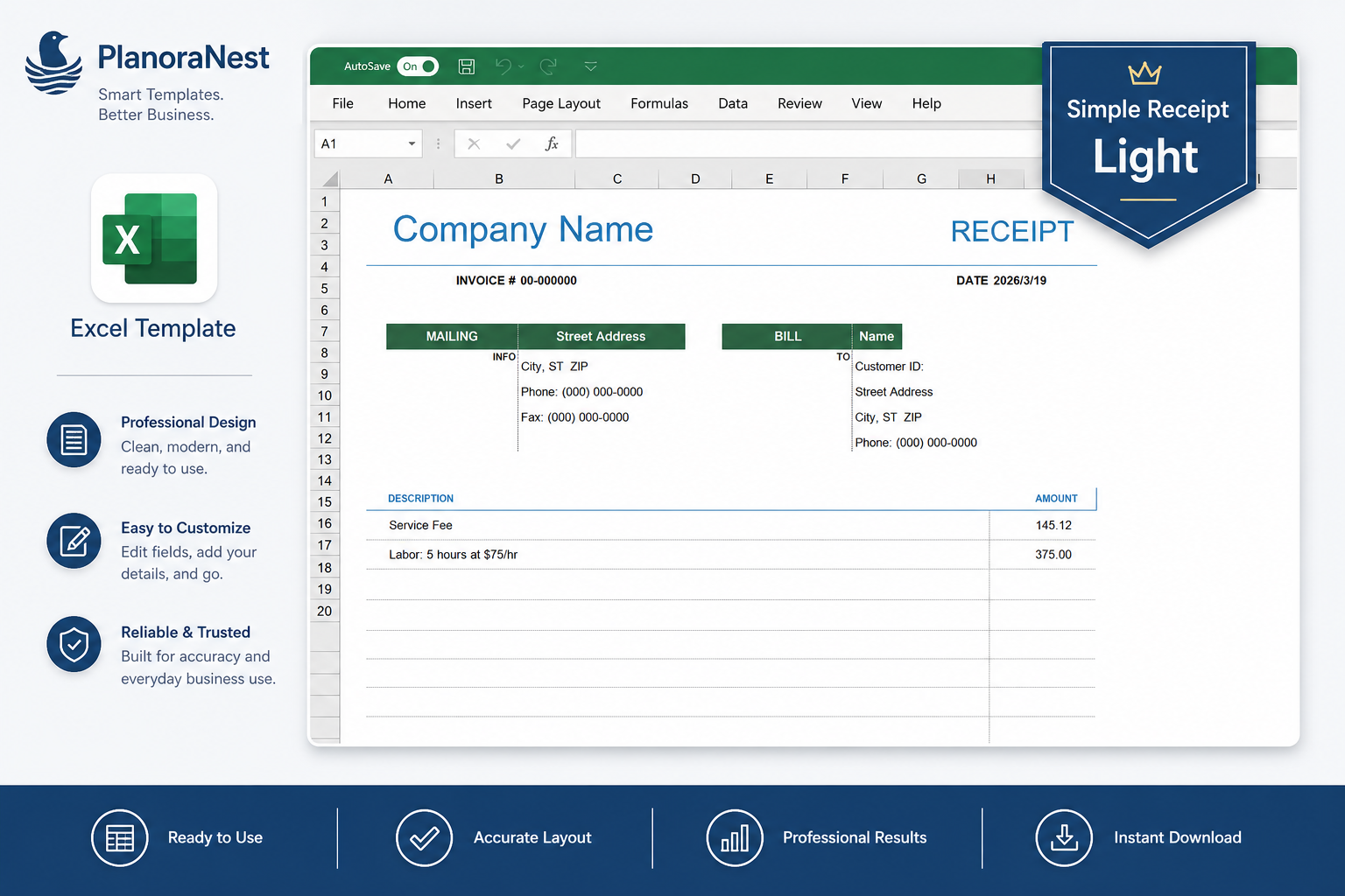 simple receipt template excel download — Simple Receipt (light) sheet