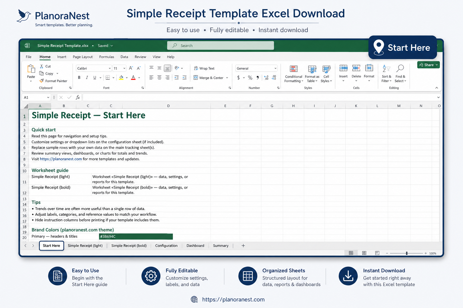 simple receipt template excel download — Start Here sheet