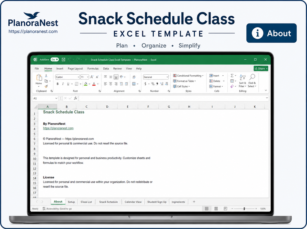 excel snack schedule class template screenshot — PlanoraNest Excel template