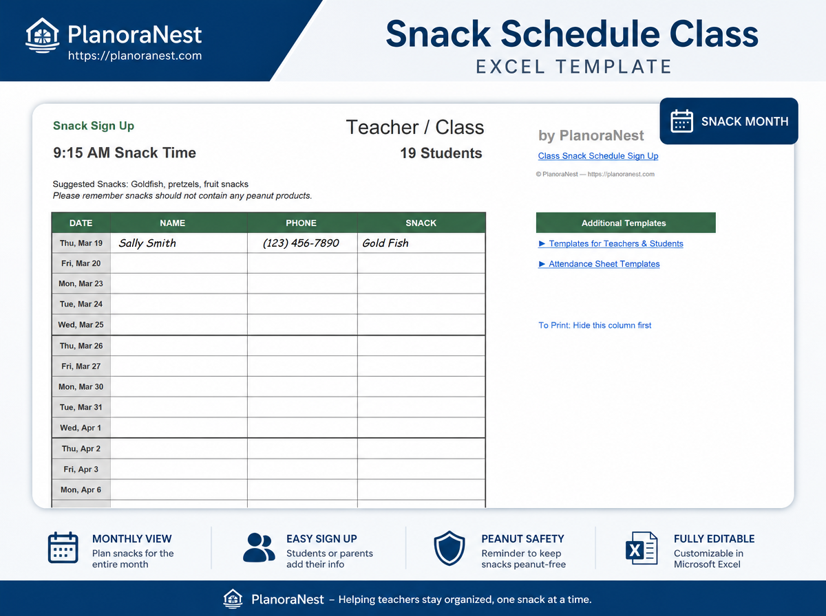 snack schedule class excel screenshot — PlanoraNest Excel template