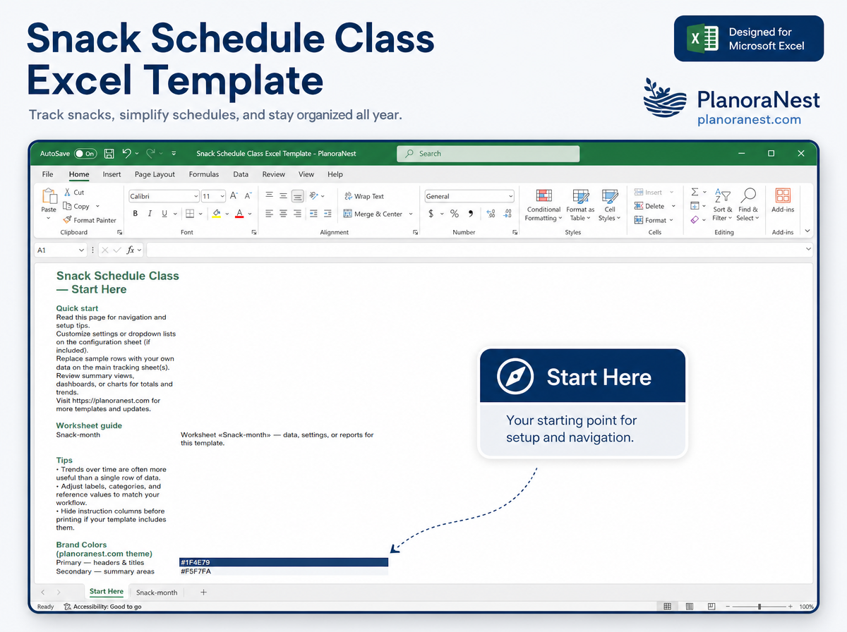 excel snack schedule class template start here screenshot — PlanoraNest Excel template