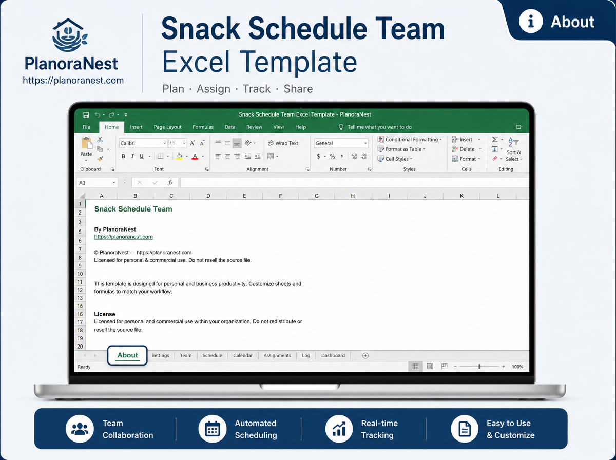 excel snack schedule team template screenshot — PlanoraNest Excel template