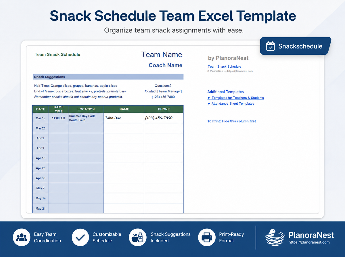 snack schedule team excel screenshot — PlanoraNest Excel template