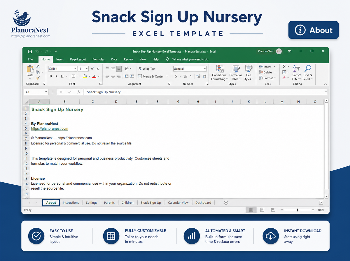 snack sign up nursery excel template — About sheet