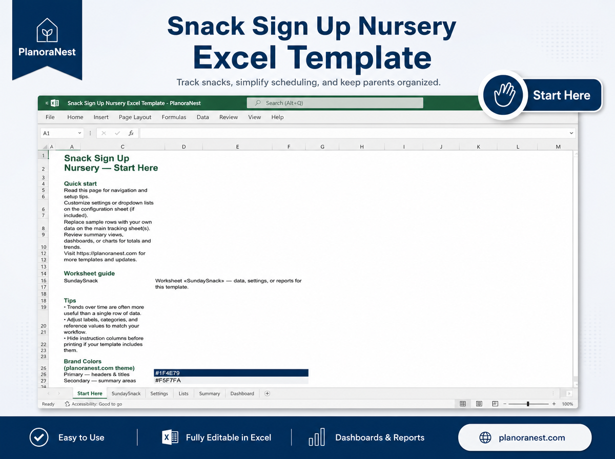 snack sign up nursery excel template — Start Here sheet