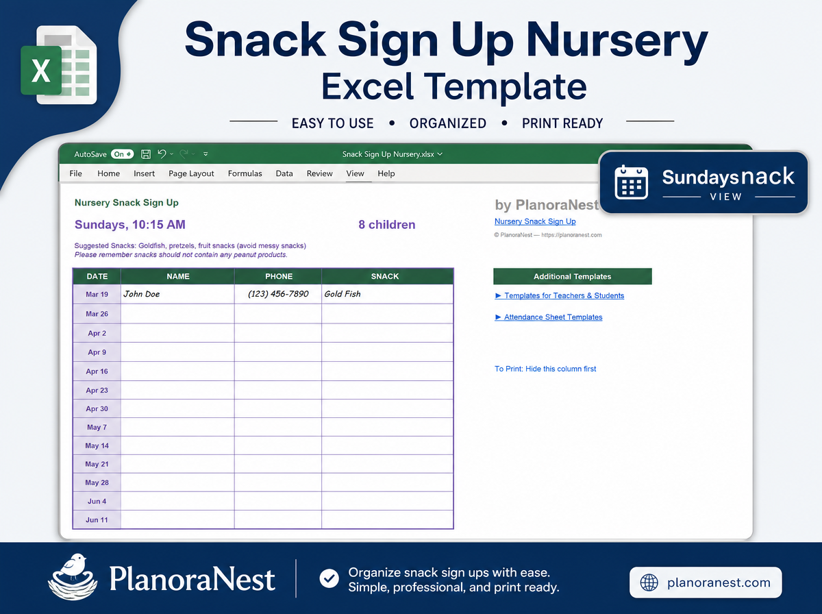 snack sign up nursery excel template — SundaySnack sheet