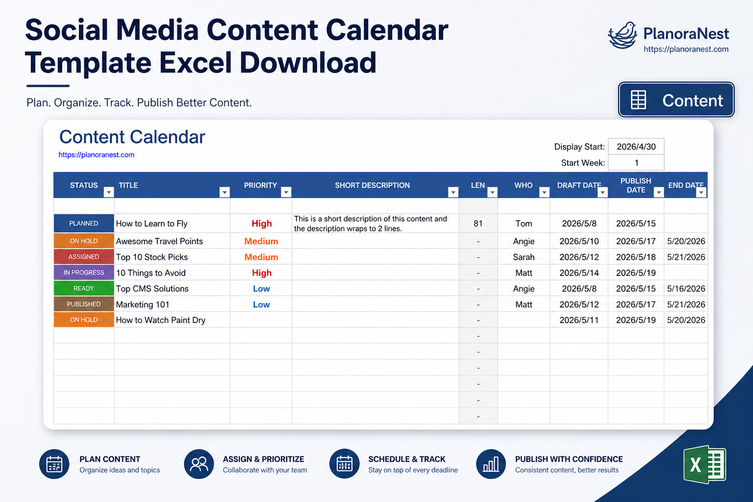content calendar template excel google sheets download screenshot — PlanoraNest Excel template