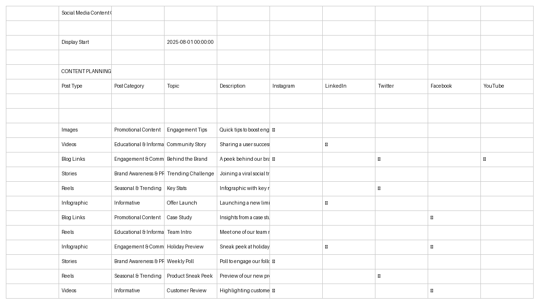 social media content calendar template excel template screenshot — PlanoraNest Excel template