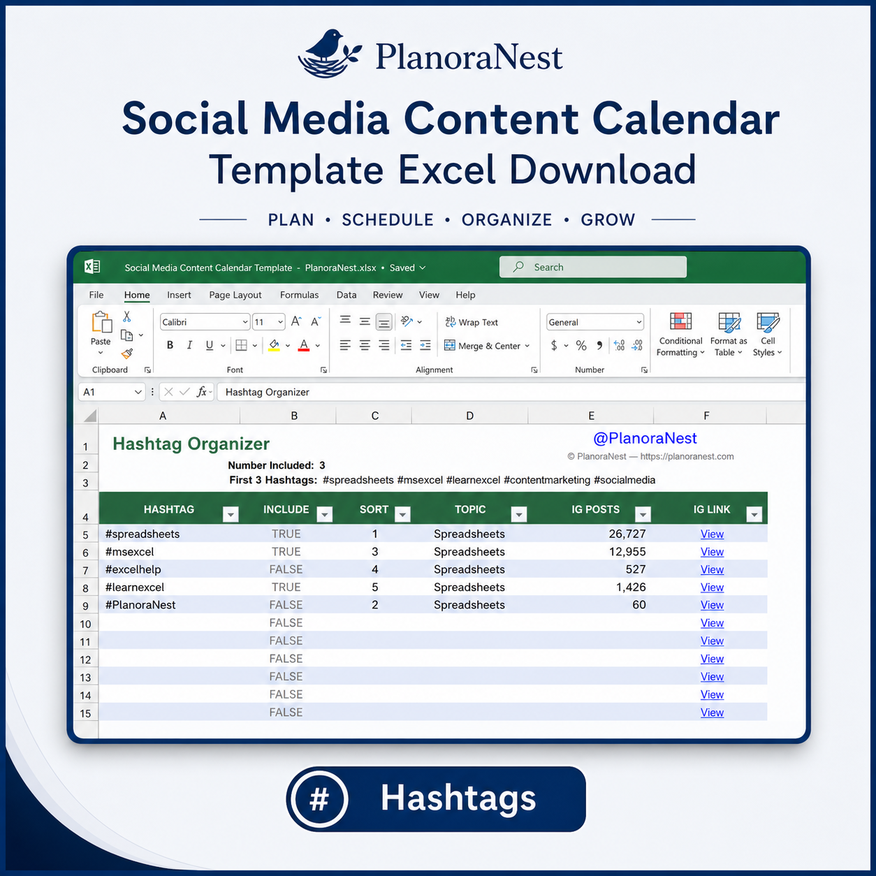 social media content calendar template excel download — Hashtags sheet
