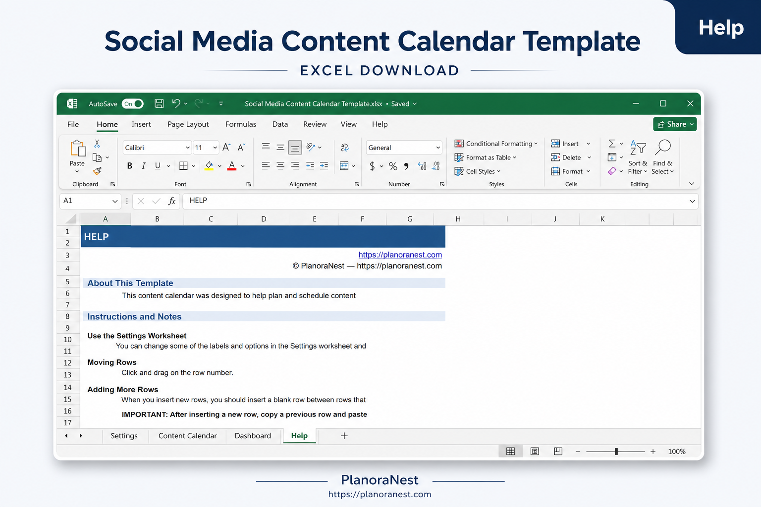social media content calendar template excel download — Help sheet