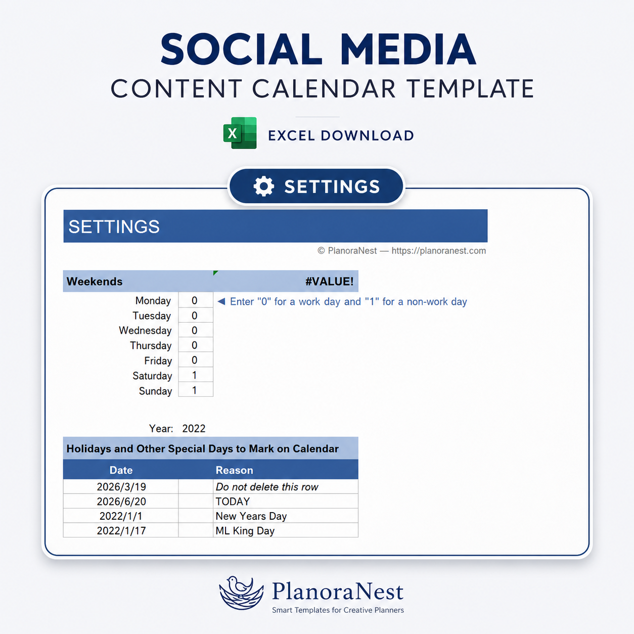 social media content calendar template excel download — Settings sheet
