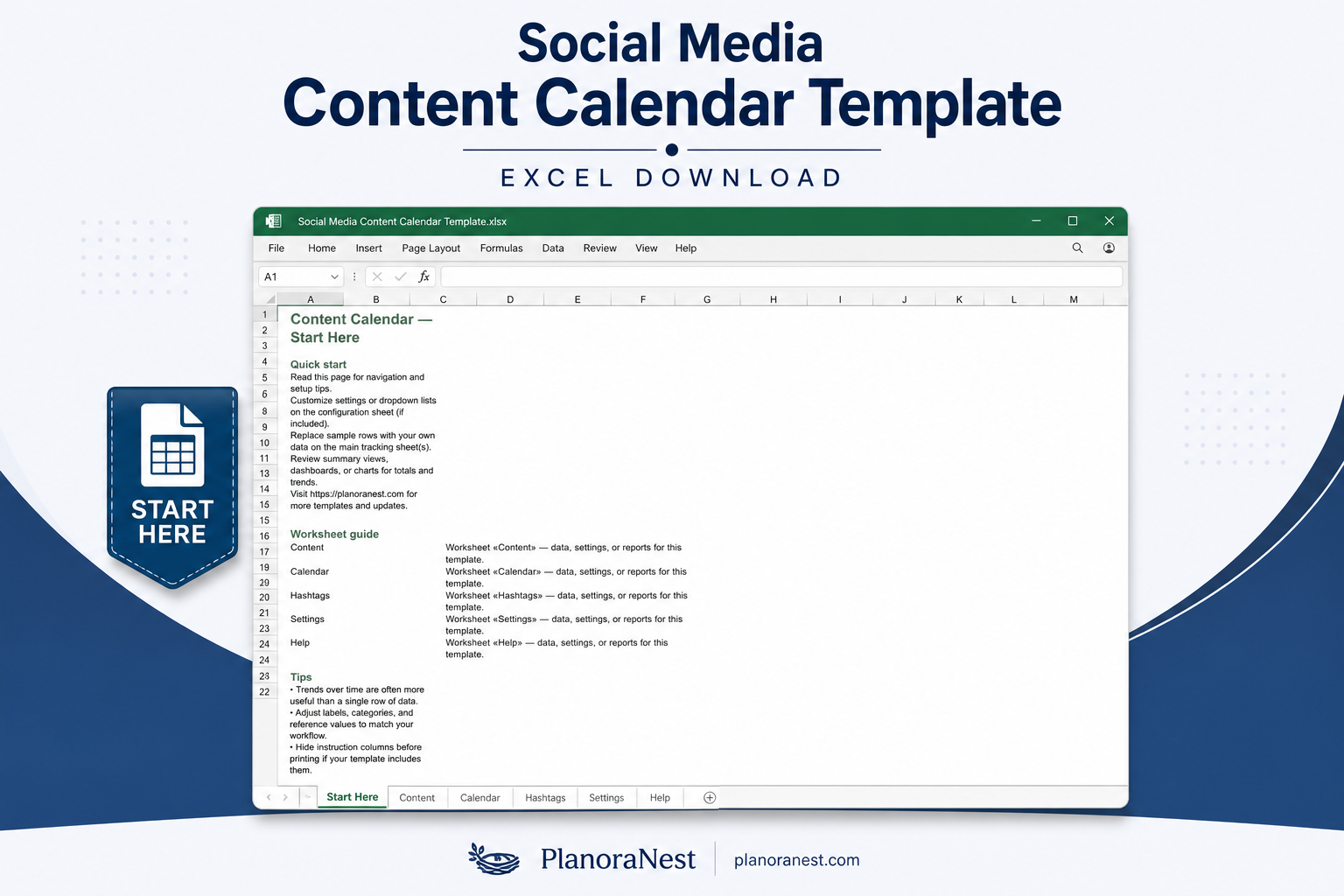 social media content calendar template excel download — Start Here sheet