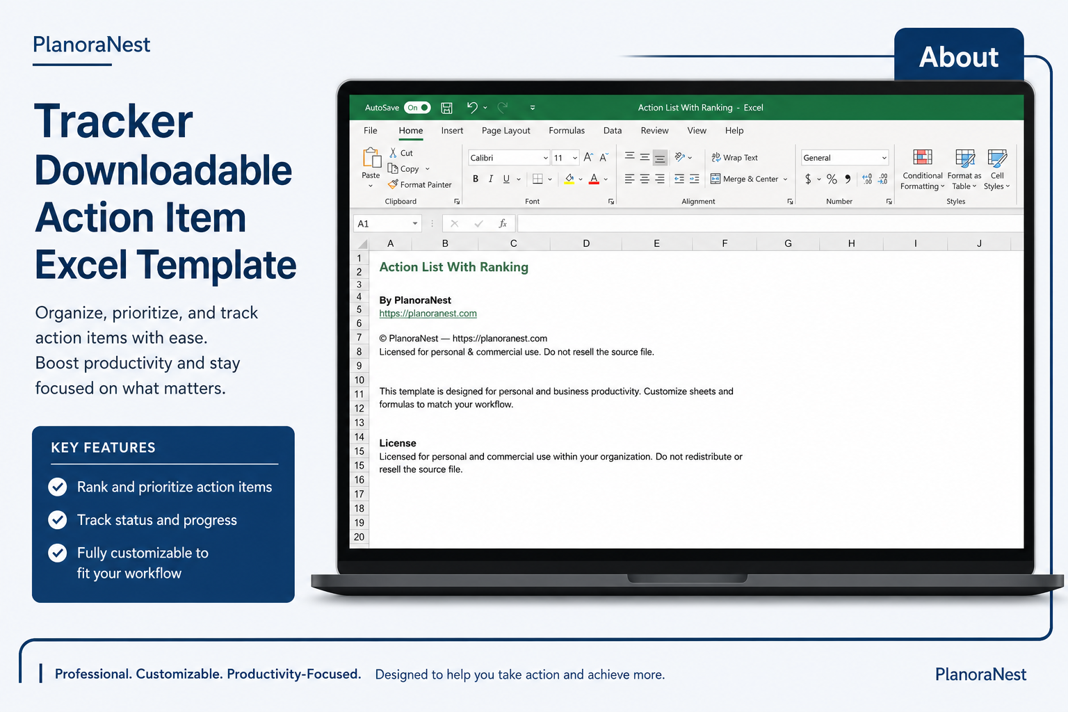 excel action item tracker template screenshot — PlanoraNest Excel template