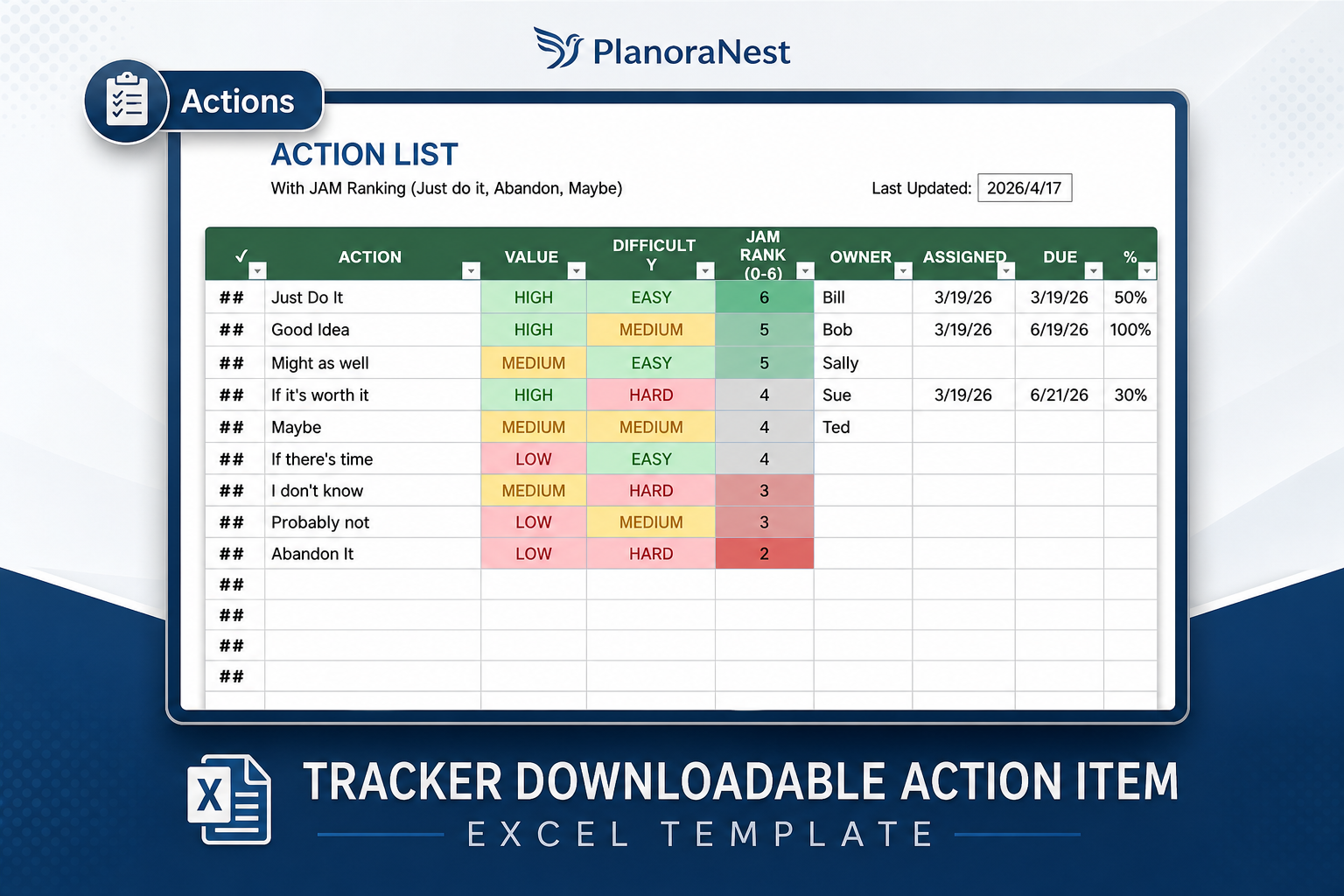 action item tracker excel template screenshot — PlanoraNest Excel template
