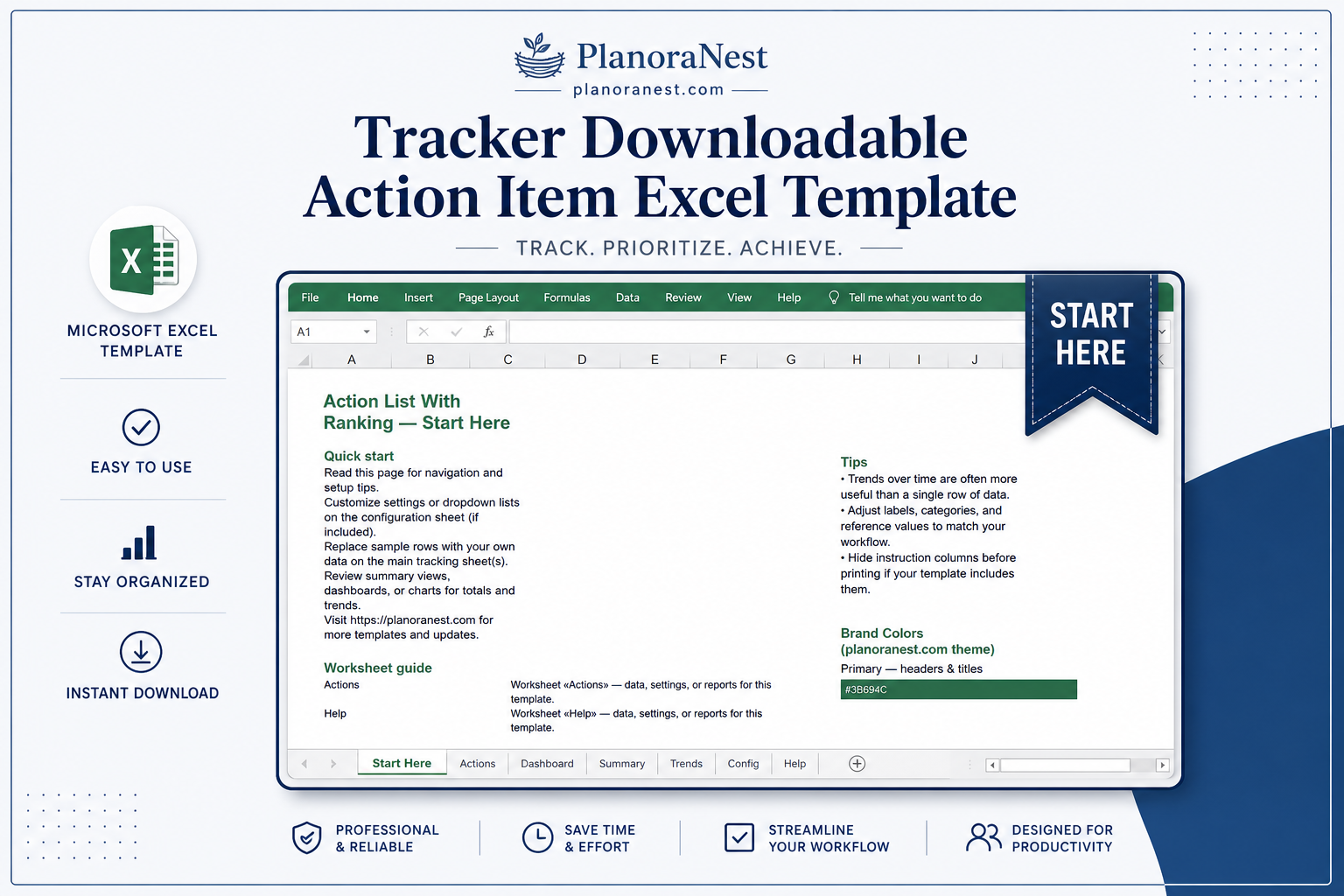 action items tracker excel template start here screenshot — PlanoraNest Excel template