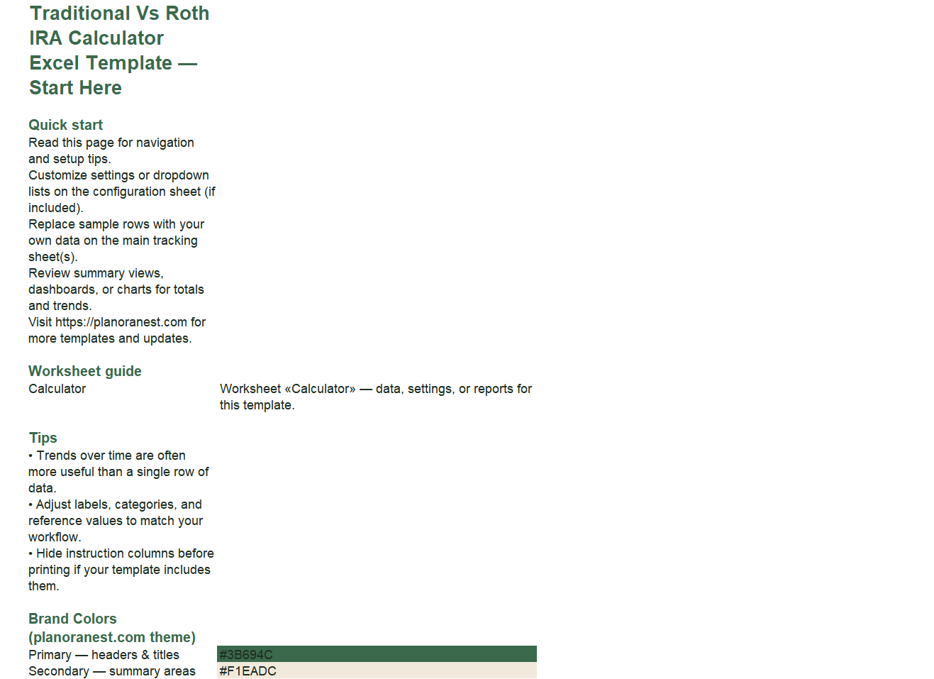 excel traditional vs roth ira calculator template start here screenshot — PlanoraNest Excel template