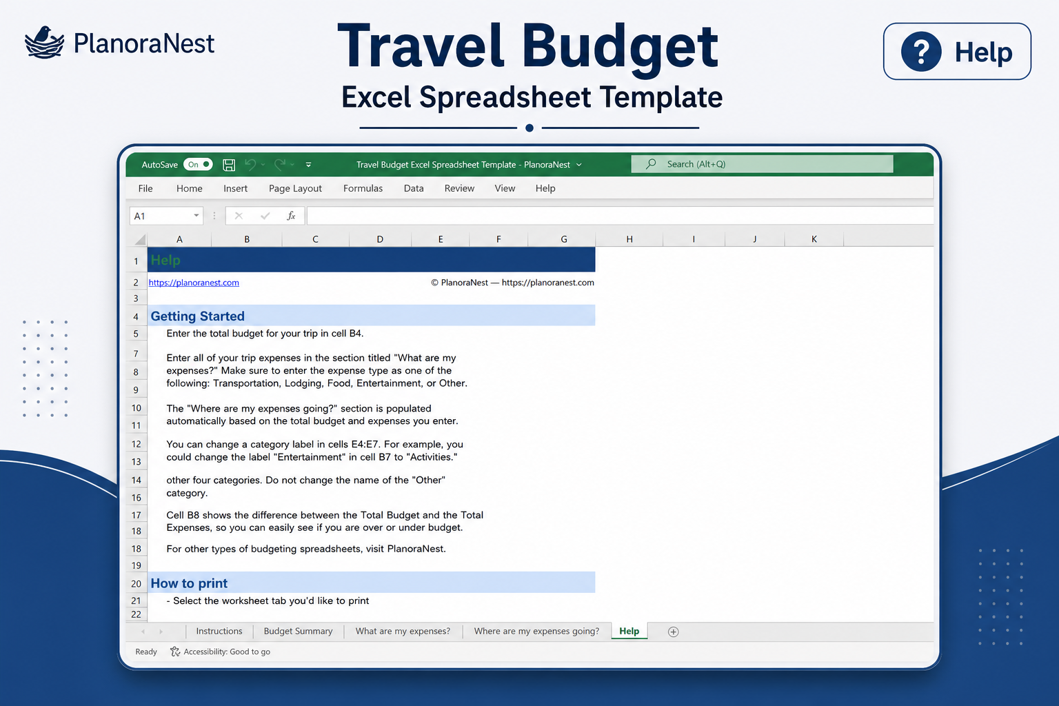 travel budget excel spreadsheet template — Help sheet