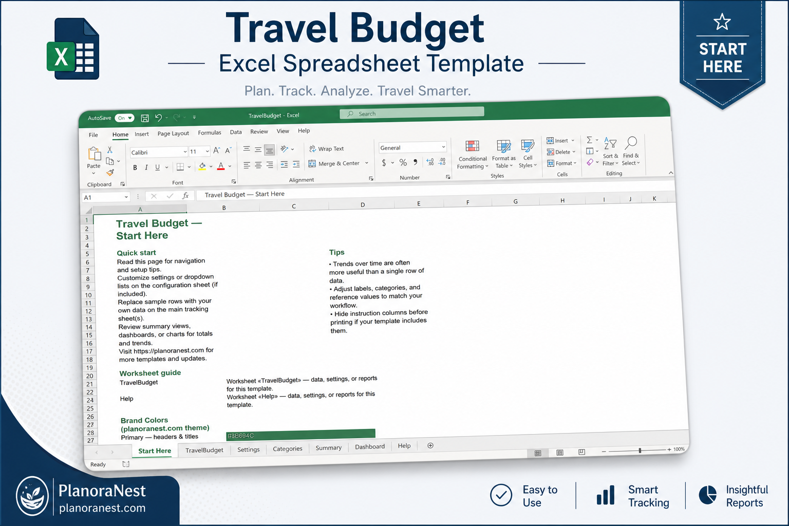 travel budget excel spreadsheet template — Start Here sheet