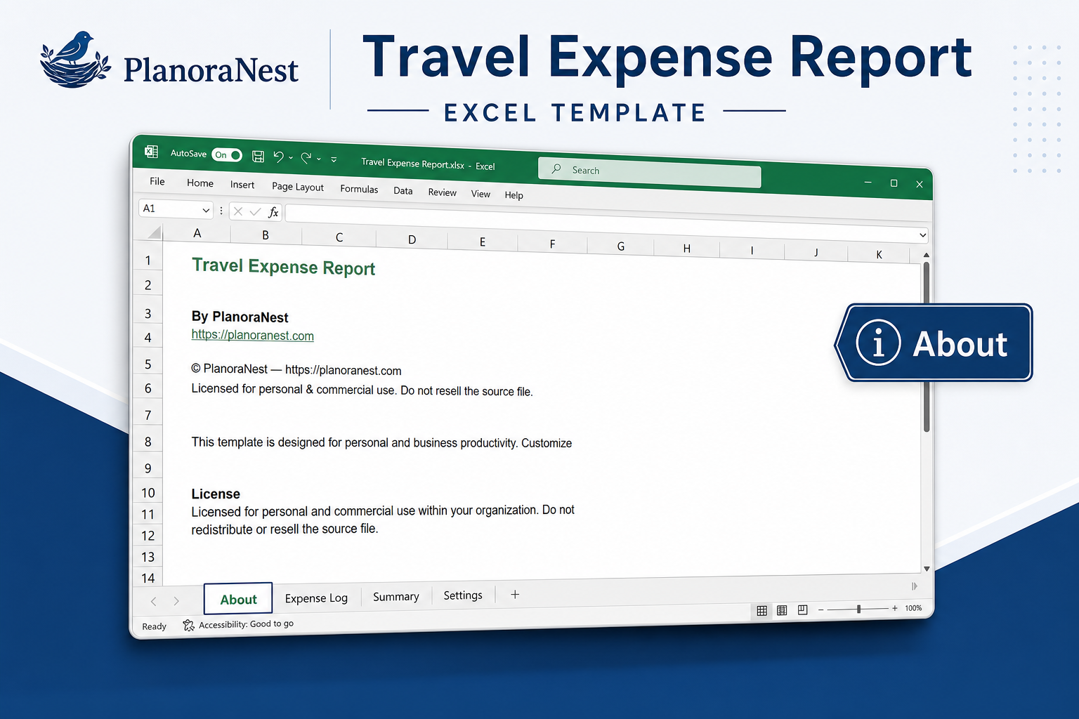 travel expense report excel template — About sheet
