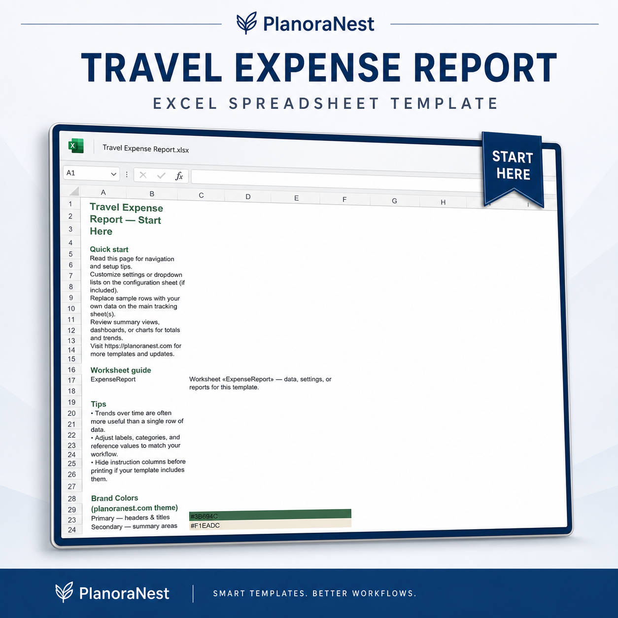 travel expense report excel template — Start Here sheet
