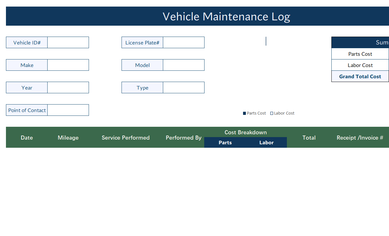 vehicle maintenance log template excel screenshot — PlanoraNest Excel template