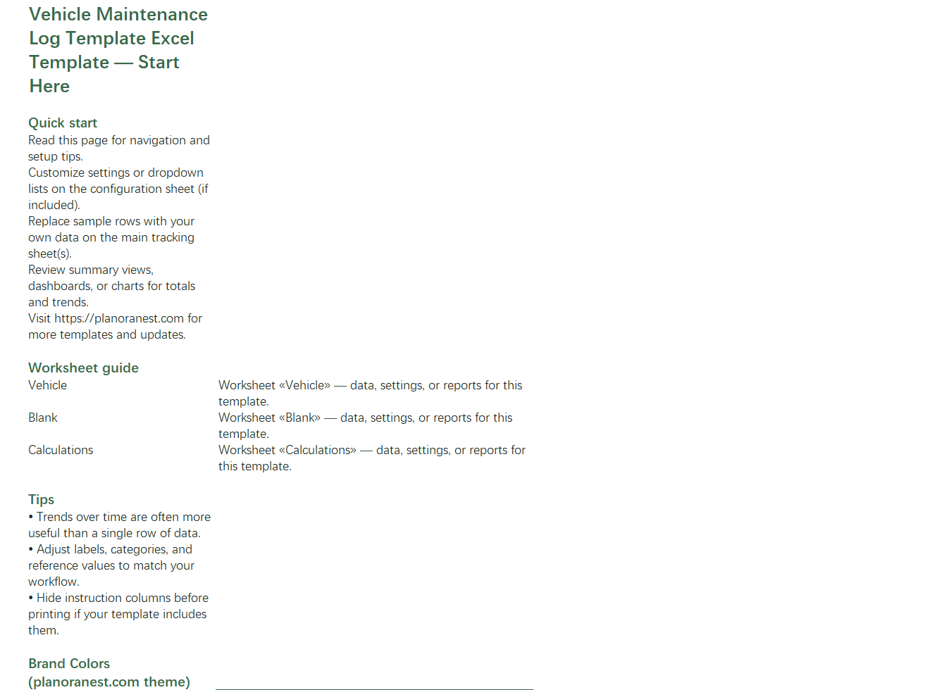 excel vehicle maintenance log template template start here screenshot — PlanoraNest Excel template