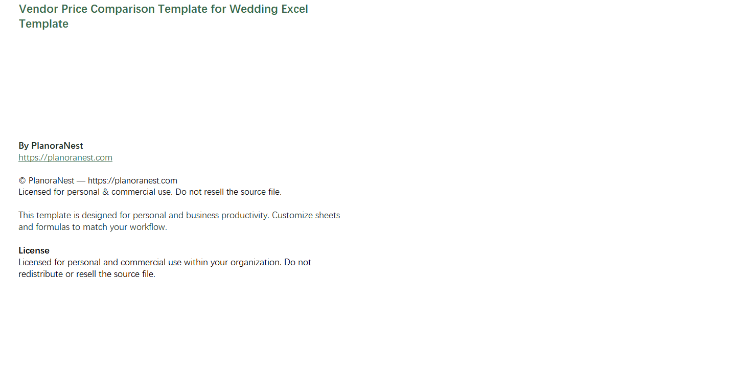 vendor price comparison template for wedding excel screenshot — PlanoraNest Excel template