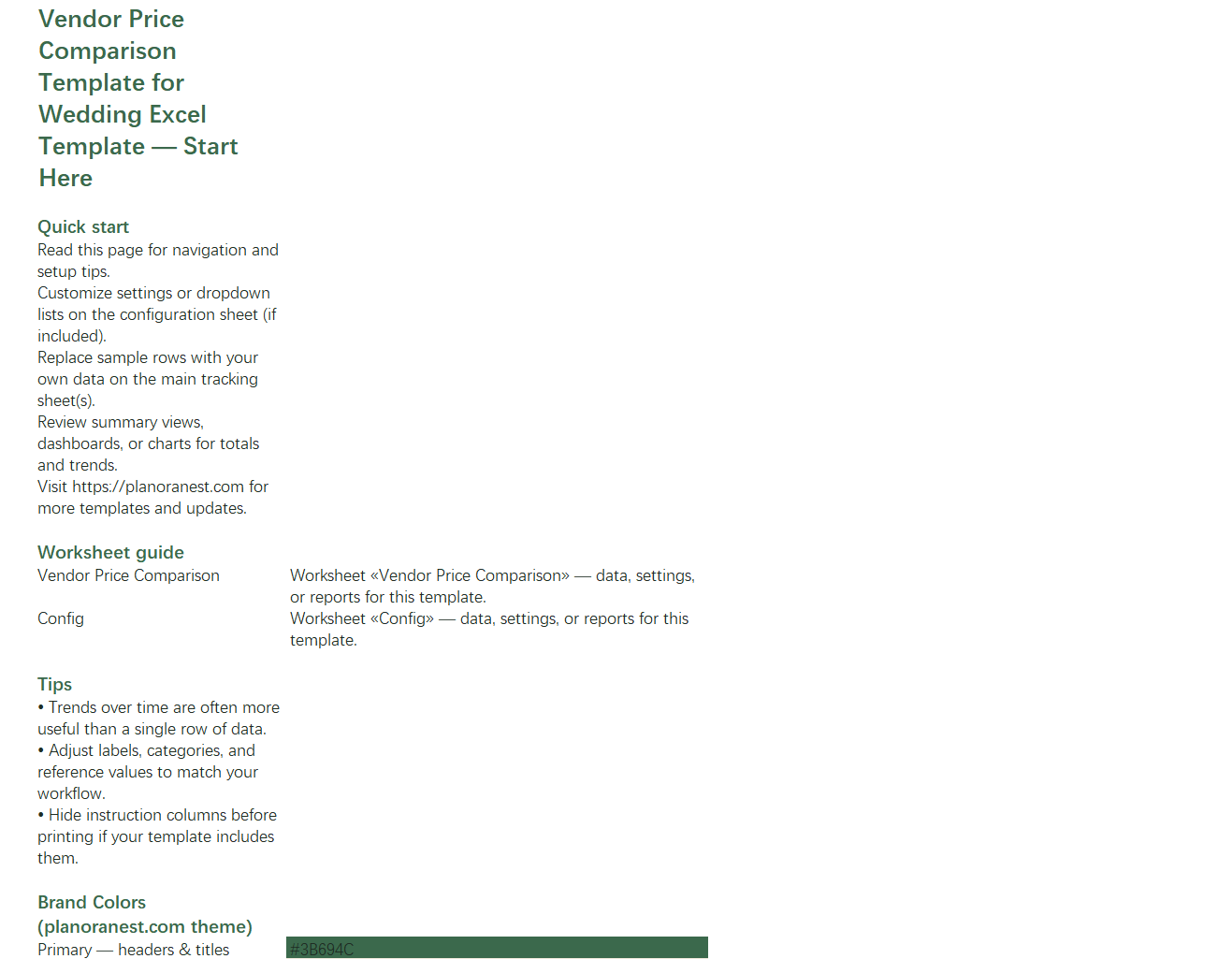 vendor price comparison template for wedding excel start here screenshot — PlanoraNest Excel template