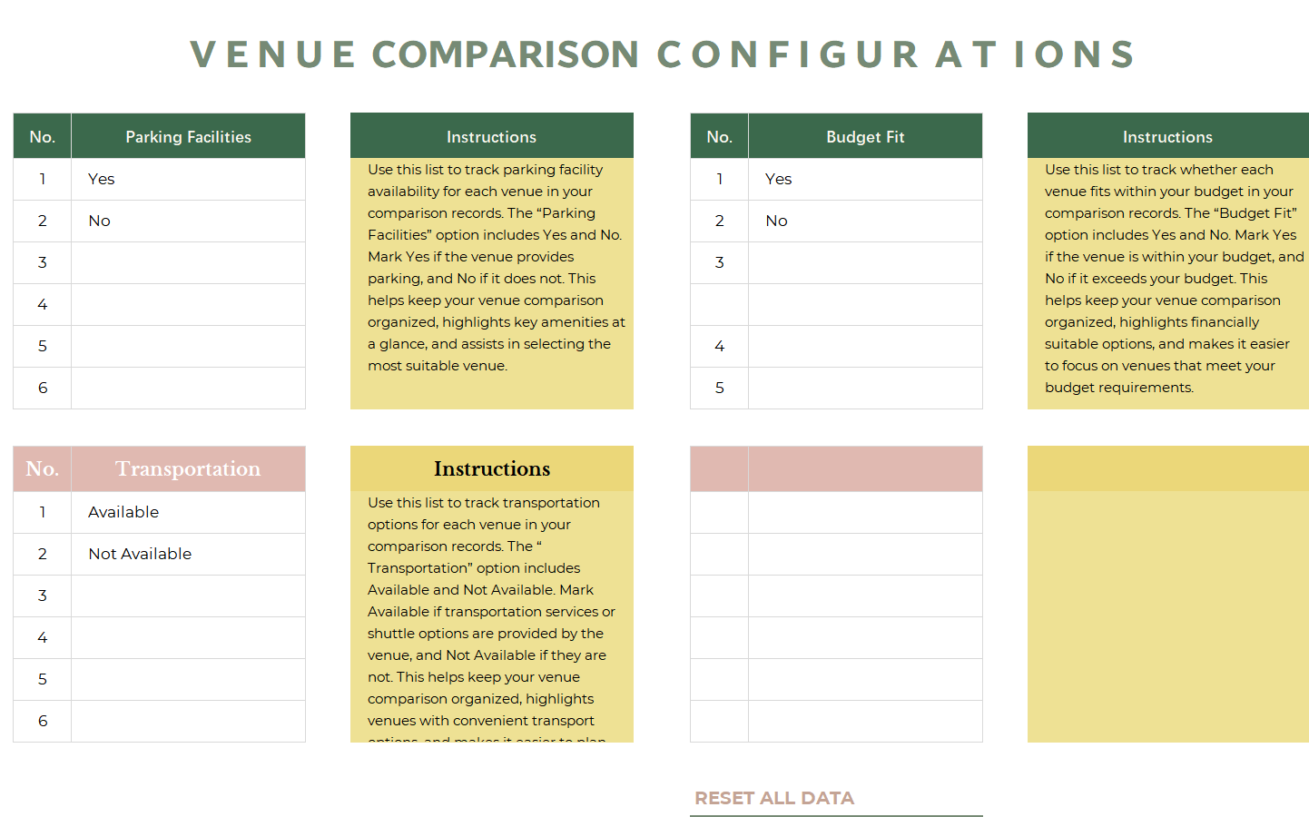 excel venue comparison template template screenshot — PlanoraNest Excel template