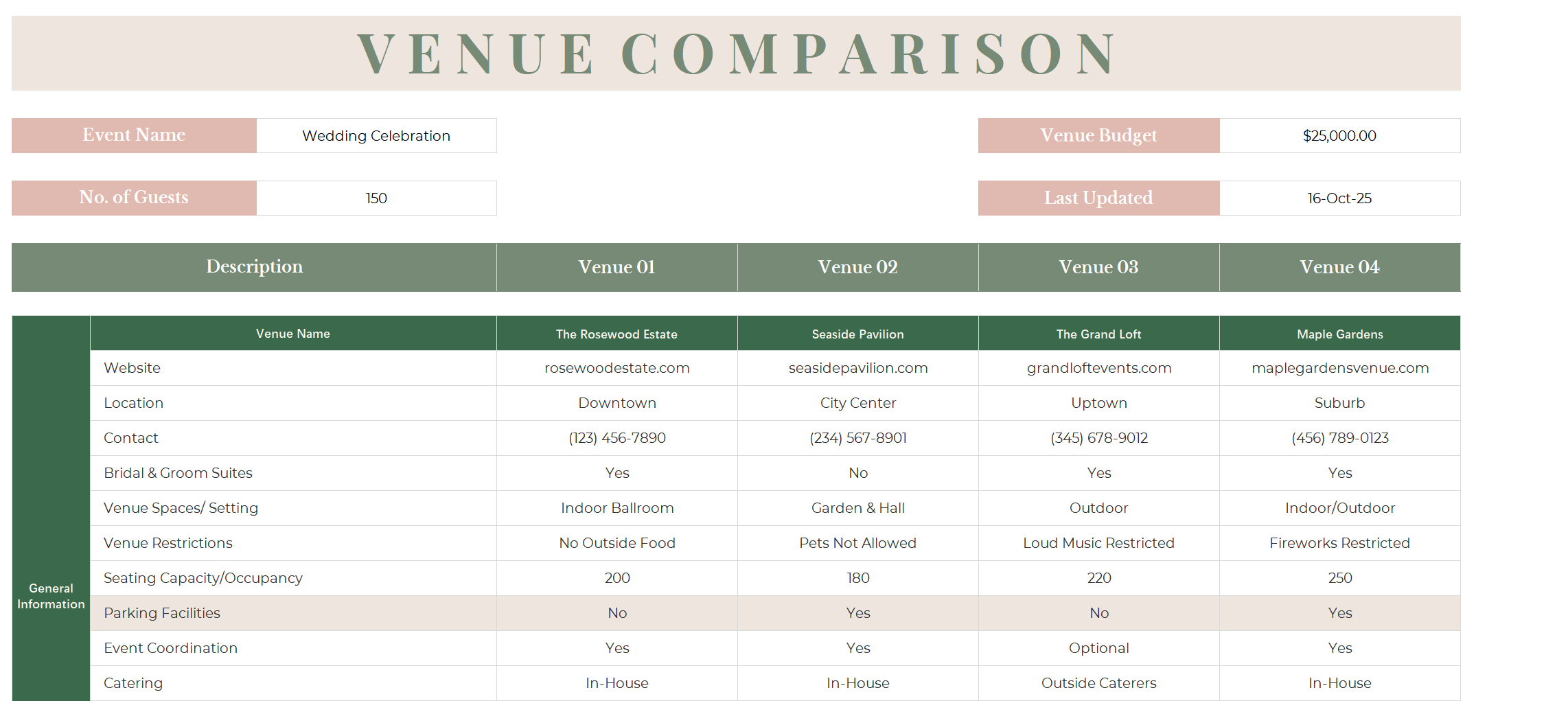 excel venue comparison template template screenshot — PlanoraNest Excel template