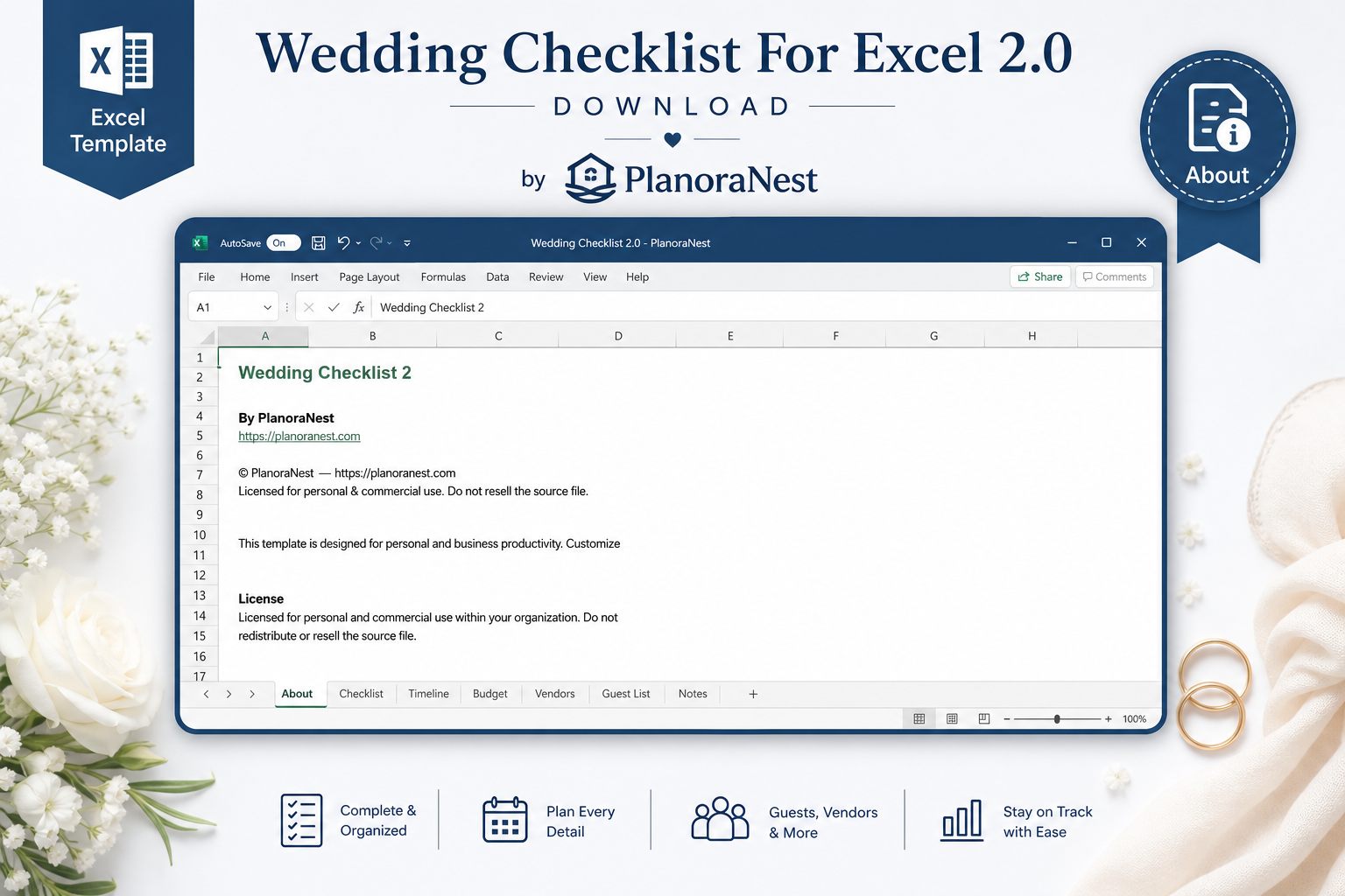 wedding checklist for excel 2.0 download — About sheet