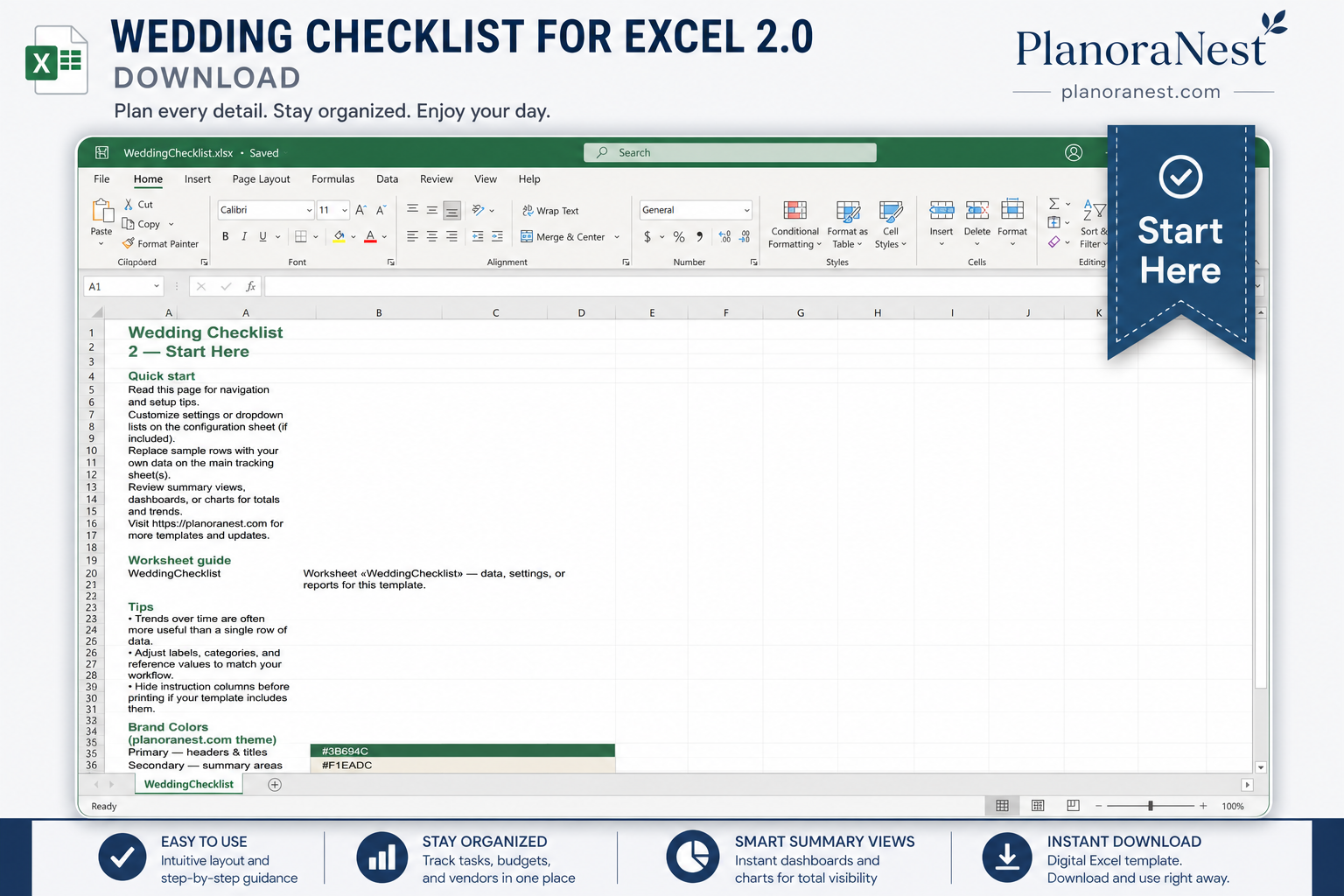 wedding checklist for excel 2.0 download — Start Here sheet