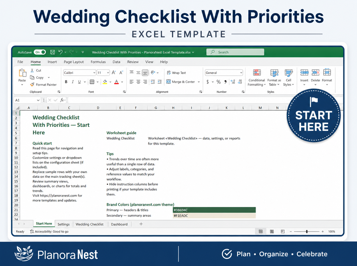 wedding checklist with priorities excel template — Start Here sheet