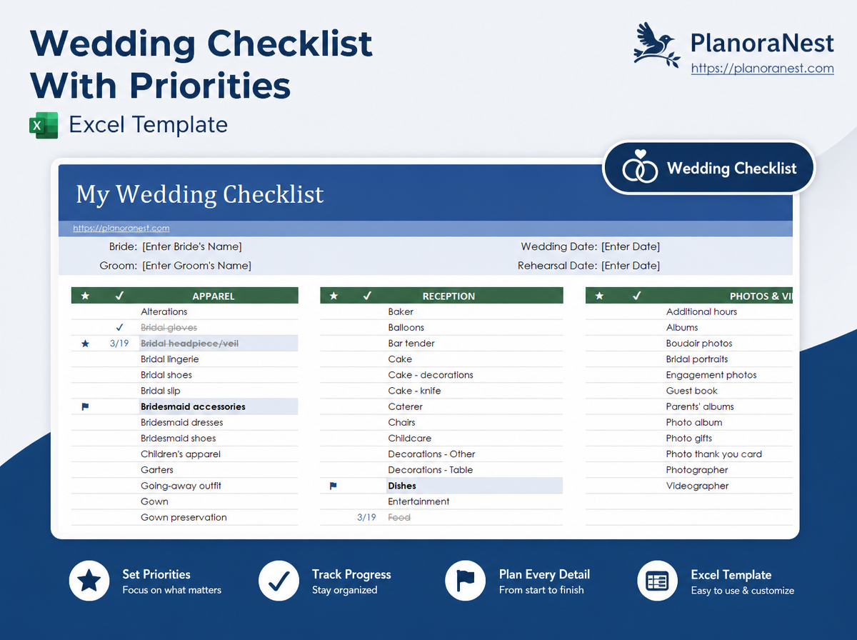 excel wedding checklist with priorities template screenshot — PlanoraNest Excel template