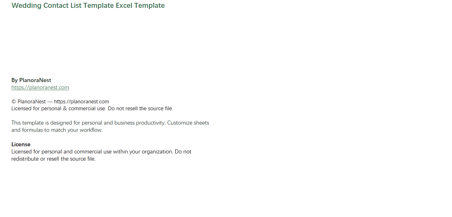 wedding contact list template excel screenshot — PlanoraNest Excel template