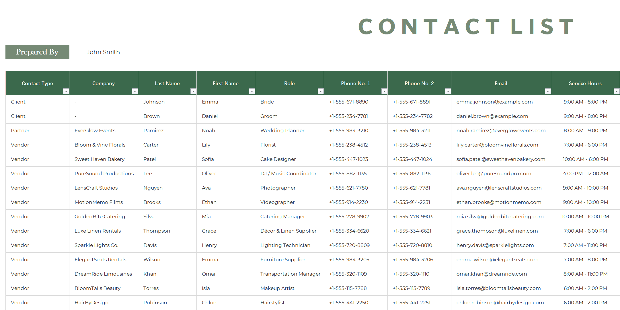 wedding contact list template excel screenshot — PlanoraNest Excel template