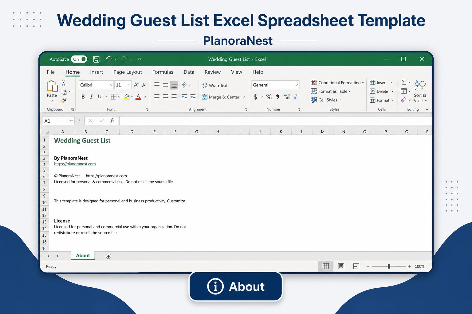 wedding guest list excel spreadsheet template — About sheet