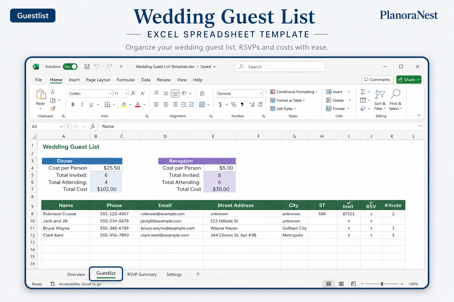 wedding guest list excel spreadsheet template — GuestList sheet