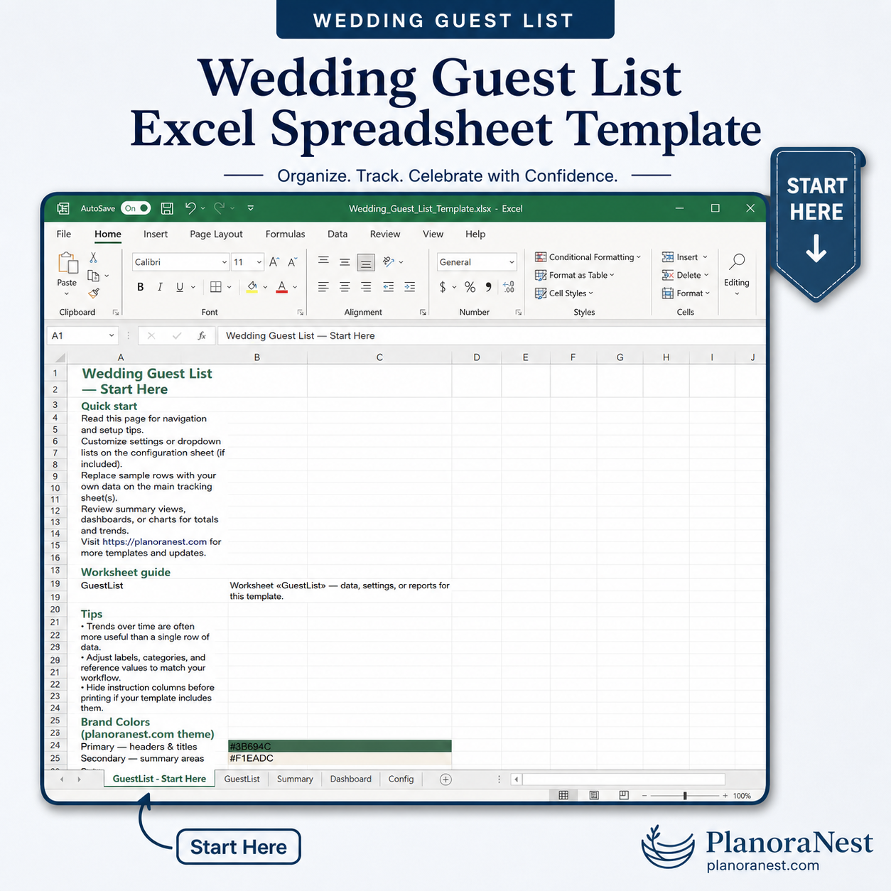 wedding guest list excel spreadsheet template — Start Here sheet
