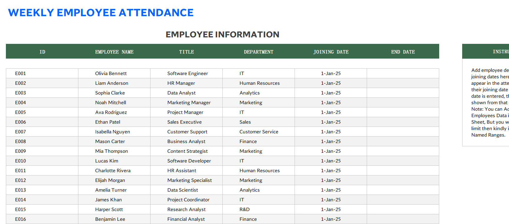 excel weekly employee attendance template template screenshot — PlanoraNest Excel template